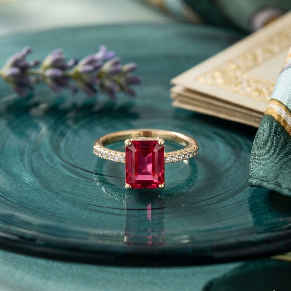 Emerald-Cut Red Gemstone Gold Ring With Pav Band